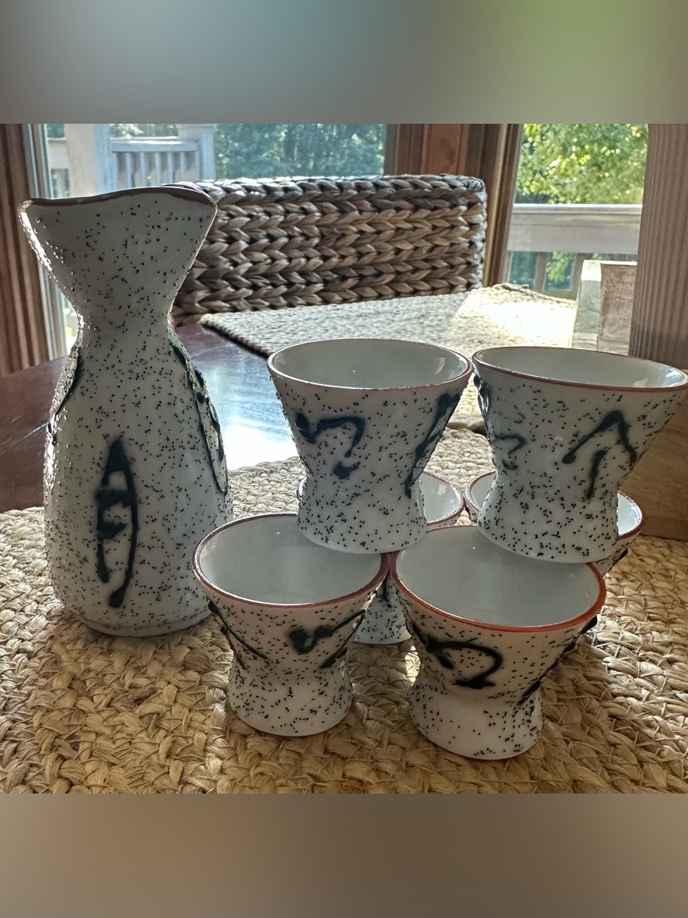 Japanese Handcrafted Saki Set Speckled Ceramic in White with Black Accents